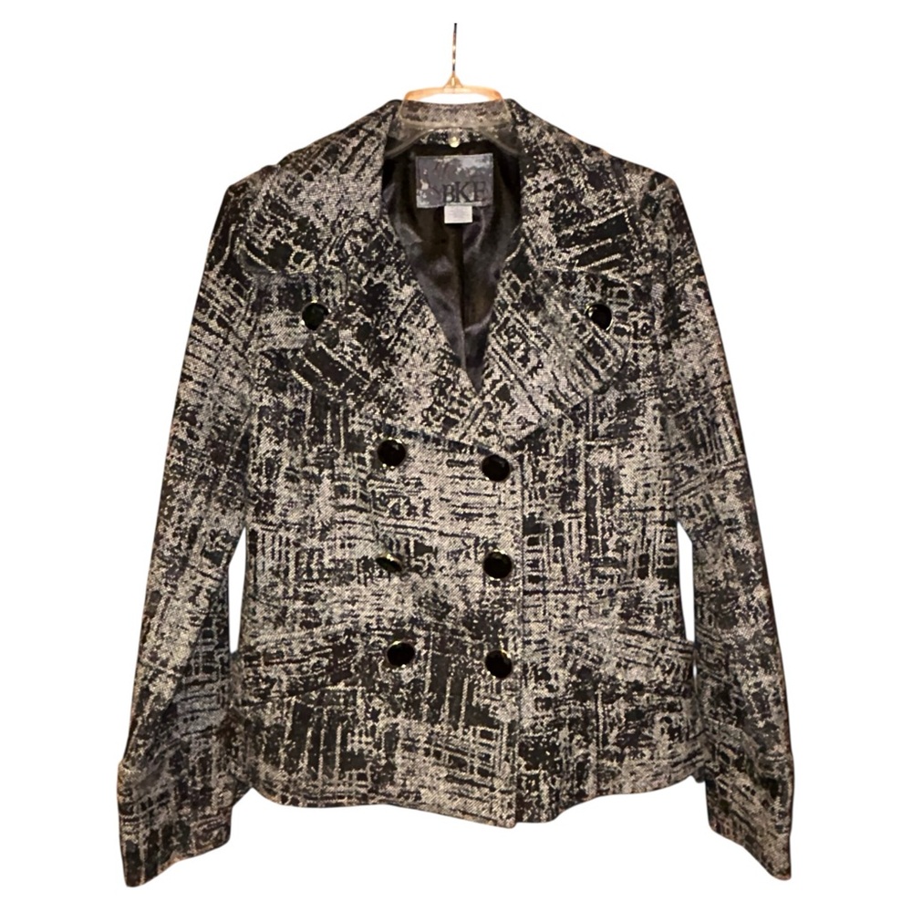 BKE Jacket Blazer Double Breasted Wool Blend Large Black Gray Abstract Print